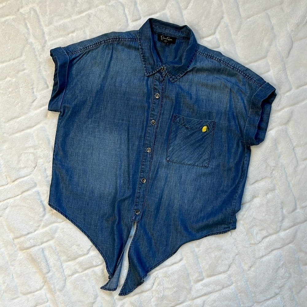 Jessica Simpson Blue Denim Button-Down Short Sleeve Shirt